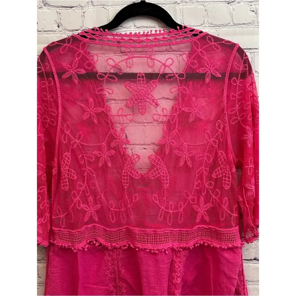 Women’s Sheer Lace V-Neck Swim Coverup Hot Pink Vacation Cruise One Size - Picture 4 of 9
